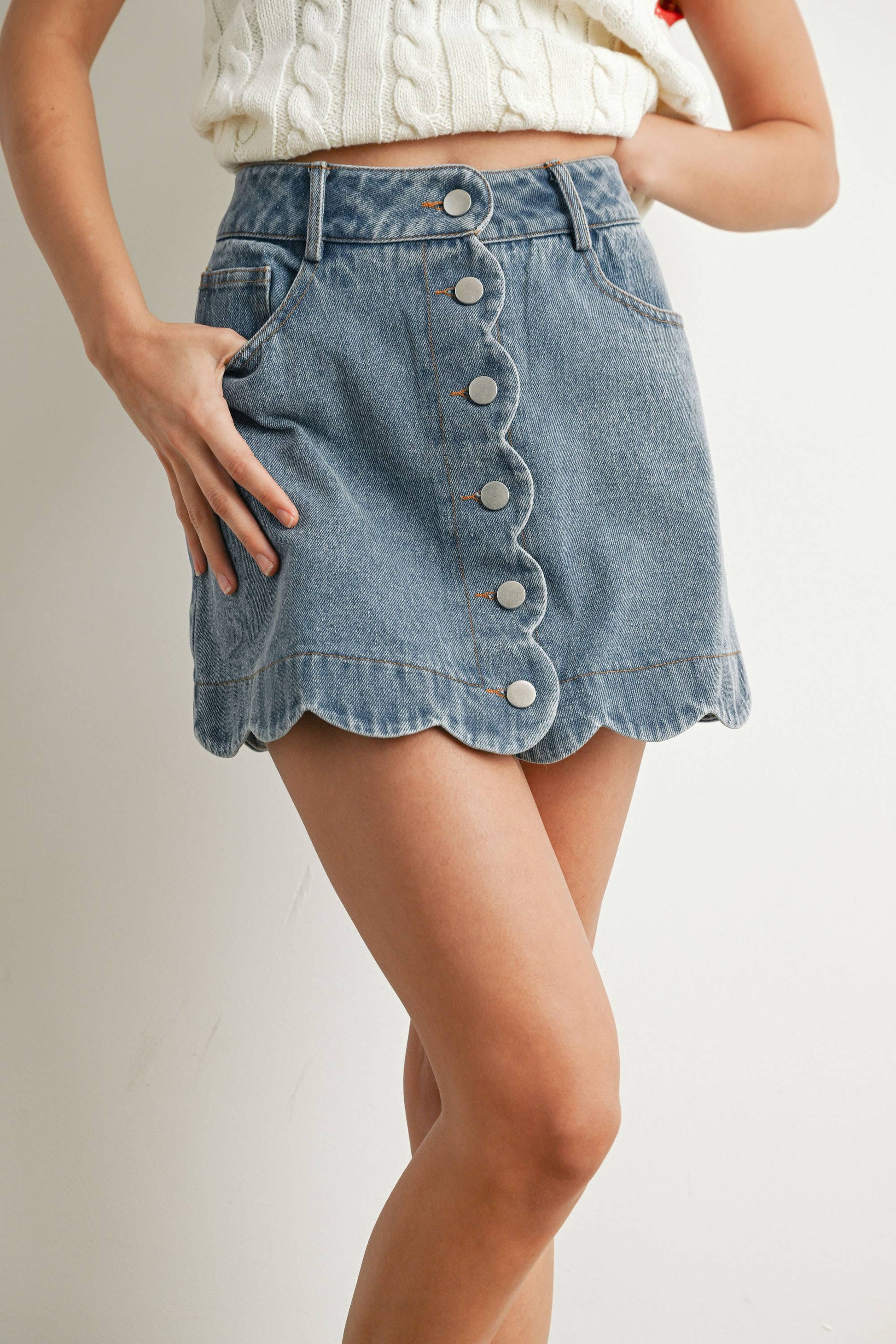 Buttoned Scallop Denim Skirt, Feathered Farmhouse