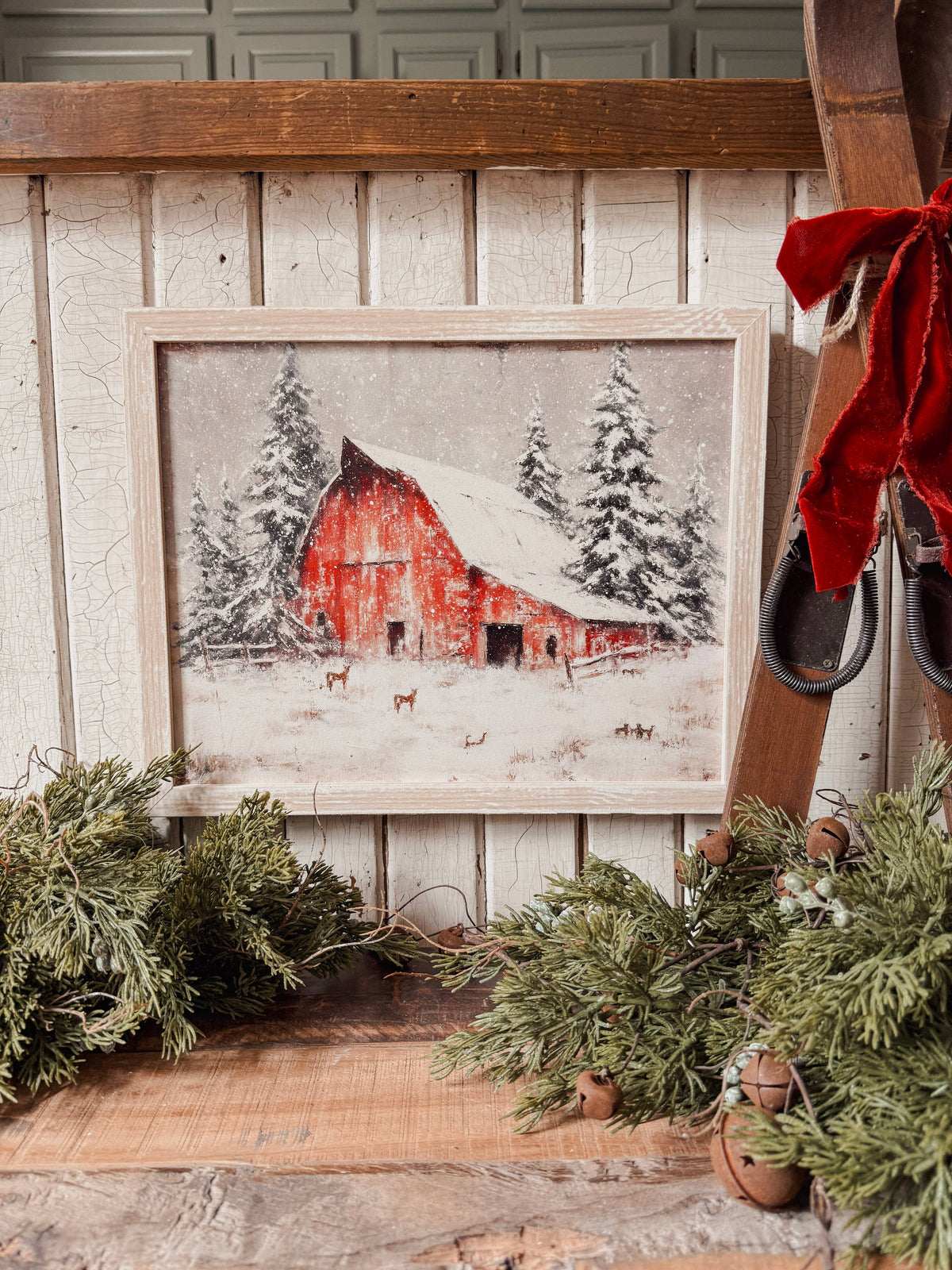 Red Barn in Winter Wood Sign, The Feathered Farmhouse