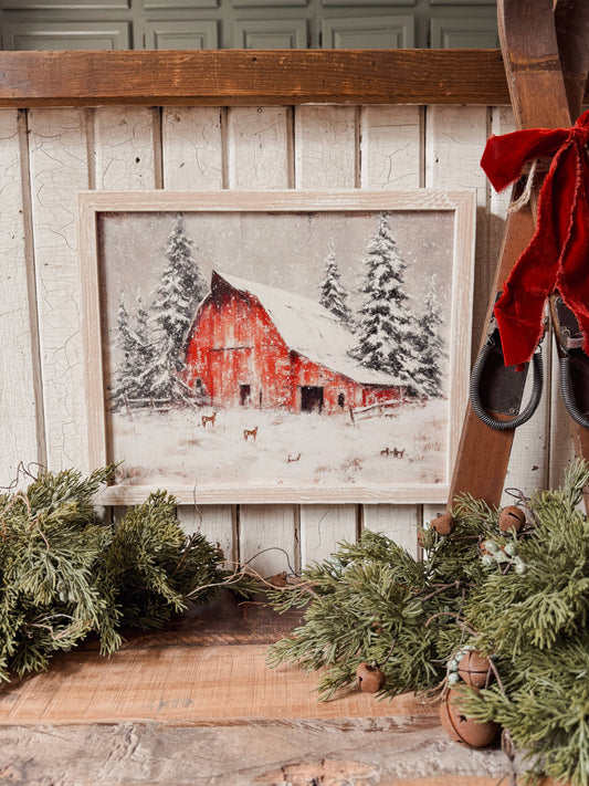 Red Barn in Winter Wood Sign, The Feathered Farmhouse