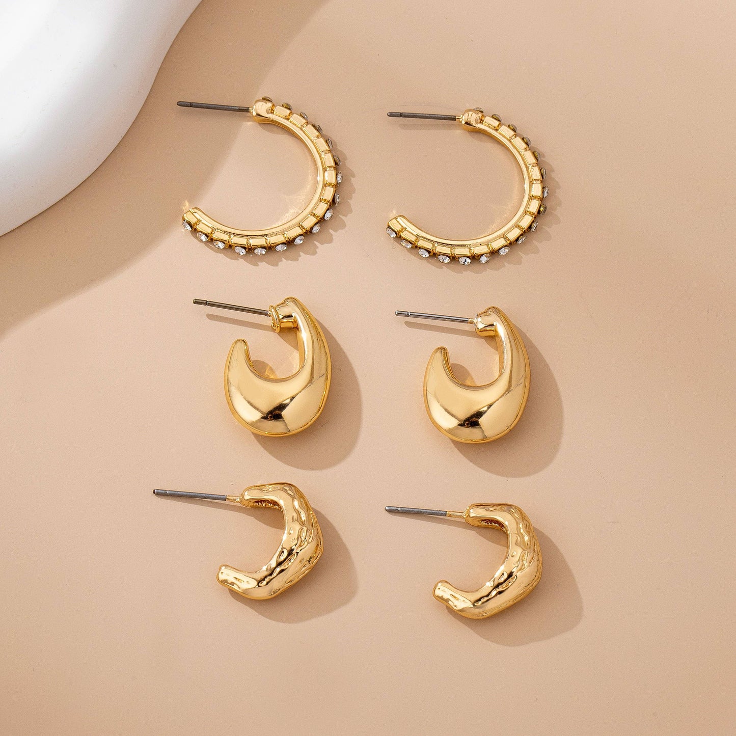 Tapered Rhinestone Huggie Hoop Trio Earring, Feathered Farmhouse