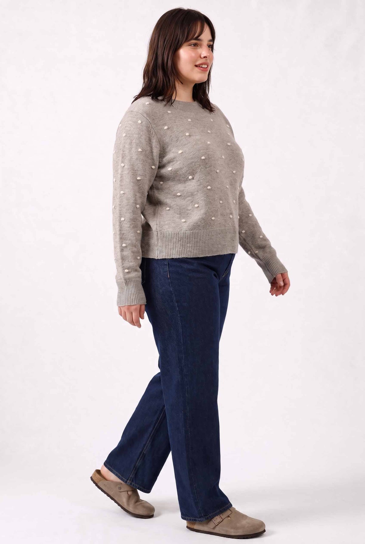 Cozy Dotted Knit Crewneck Sweater, Feathered Farmhouse
