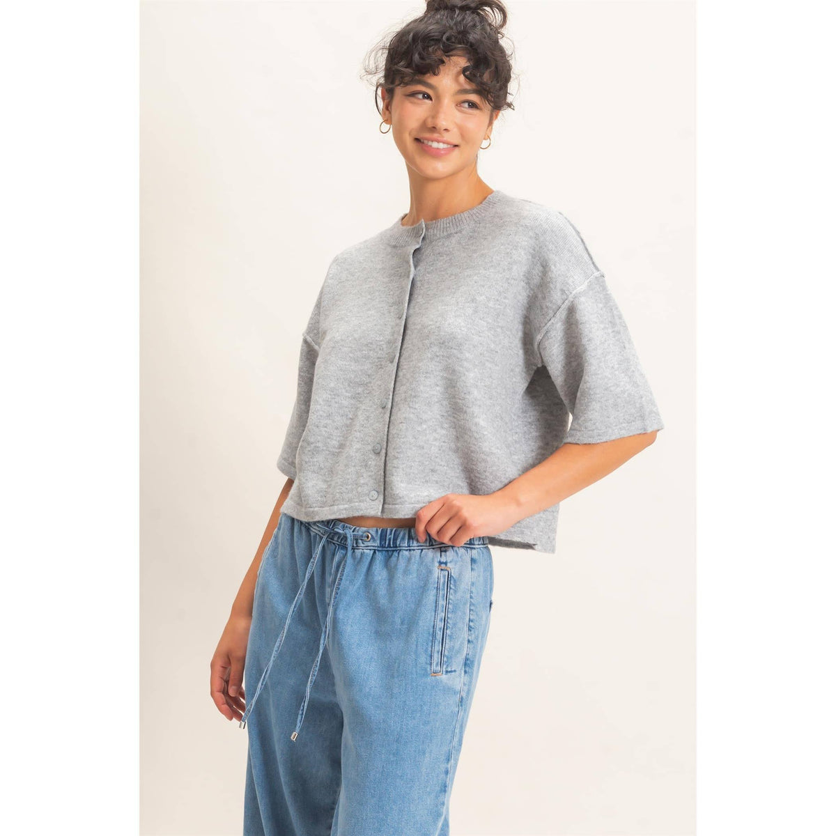 Heather Grey Drop Shoulder Short Sleeve Cardigan, Feathered Farmhouse