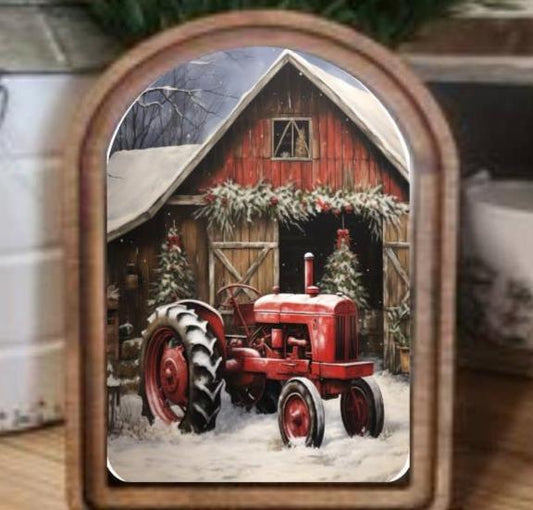 Arch Top Christmas Tractor Framed Art, Feathered Farmhouse