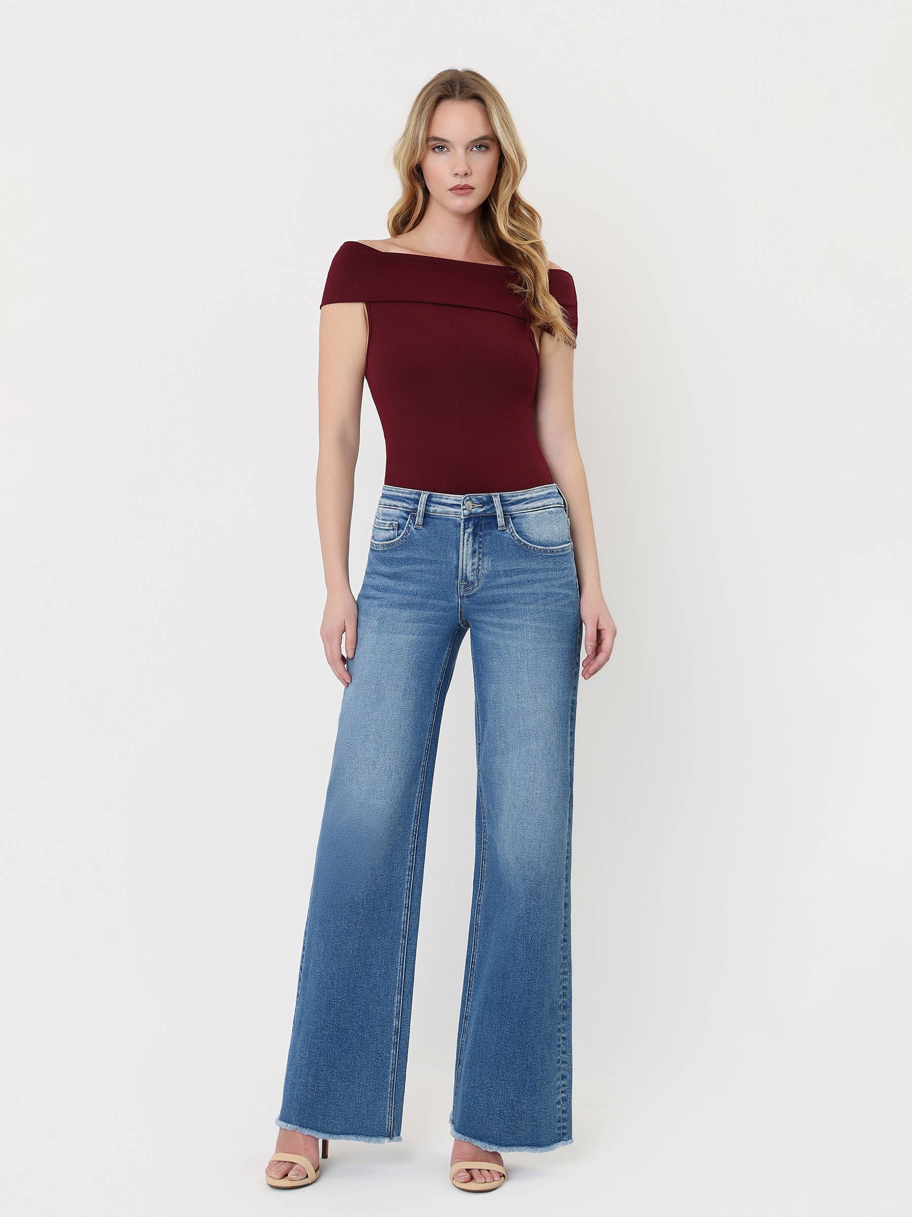 Mid Rise Raw Hem Wide Leg Jeans, Feathered Farmhouse