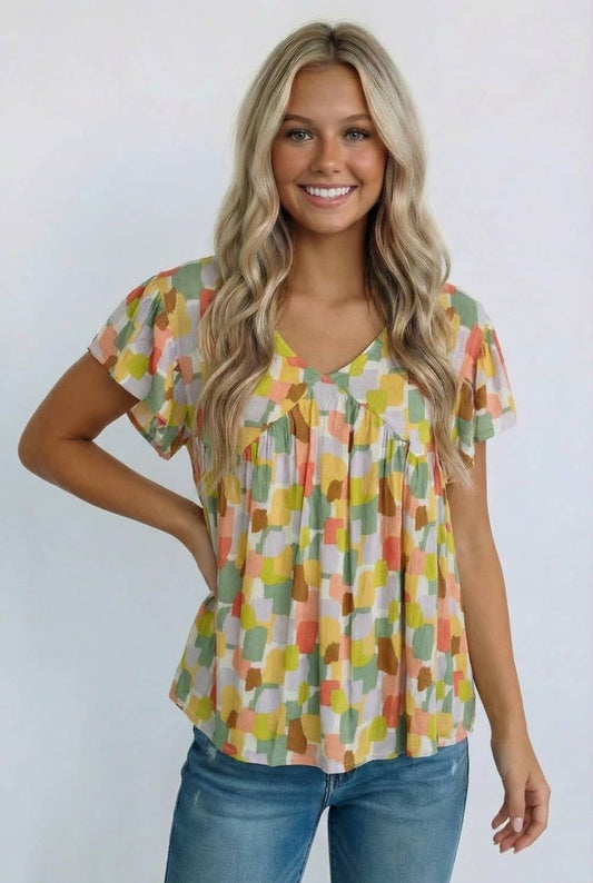 Abstract Print Top, Feathered Farmhouse