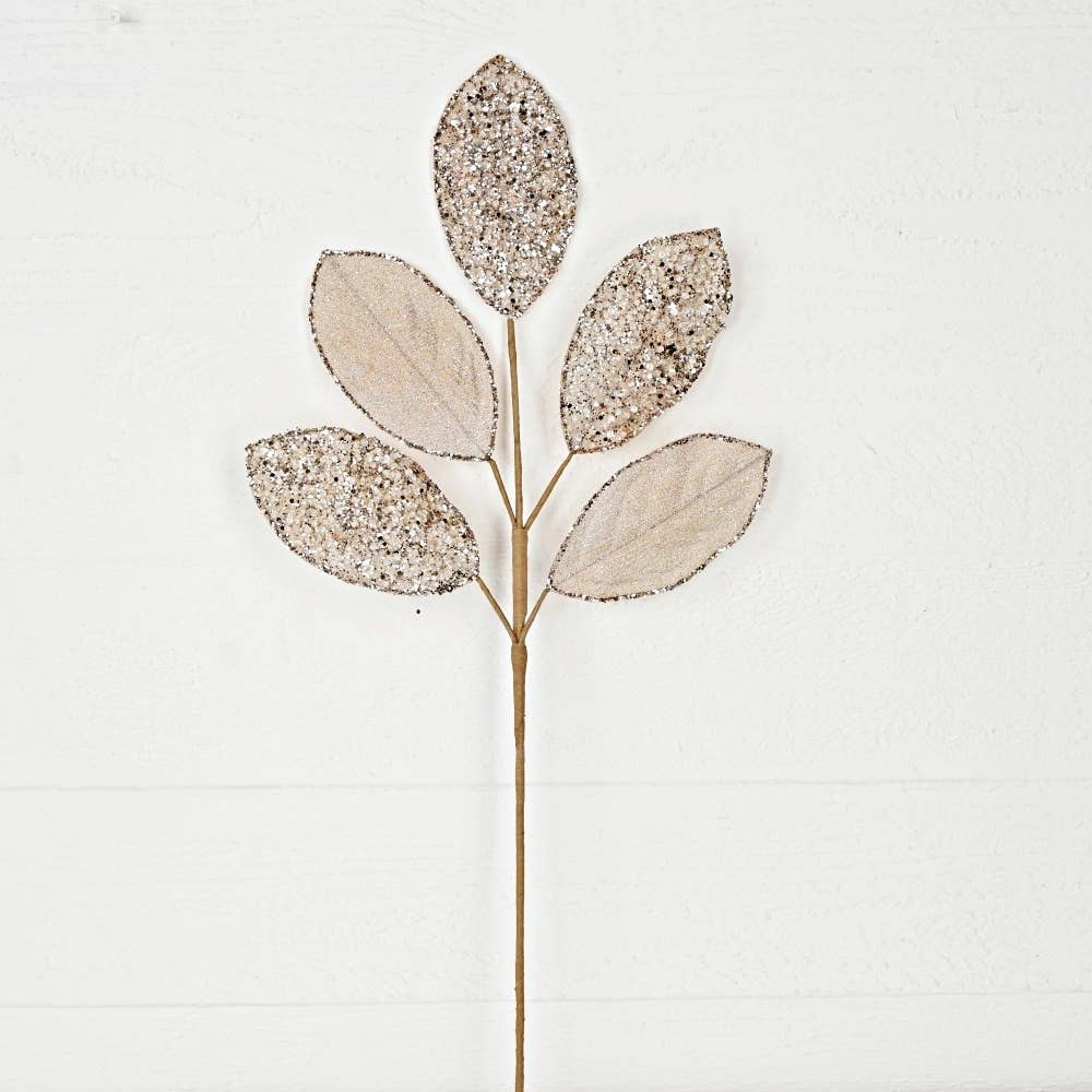 Champagne Beaded Metallic Velvet Magnolia Leaves, Feathered Farmhouse