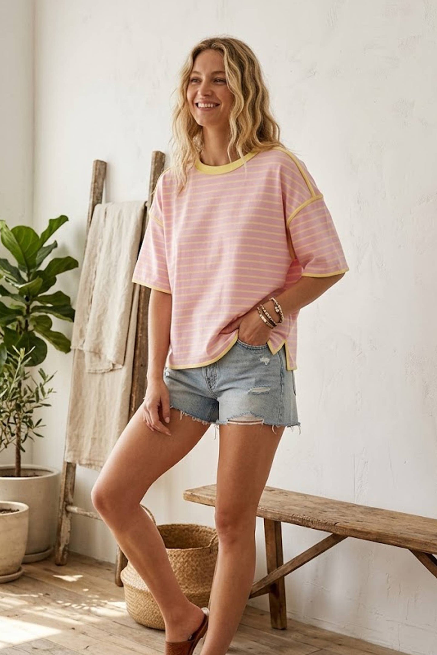 Striped Relaxed Fit Knit Tee, Feathered Farmhouse