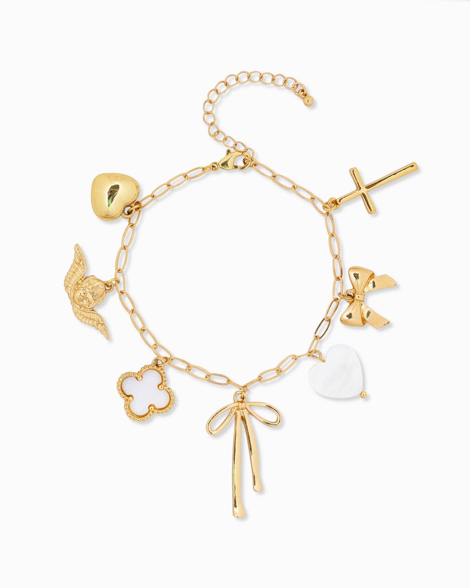 Chunky Bow Multi Gold Charm Bracelet, Feathered Farmhouse