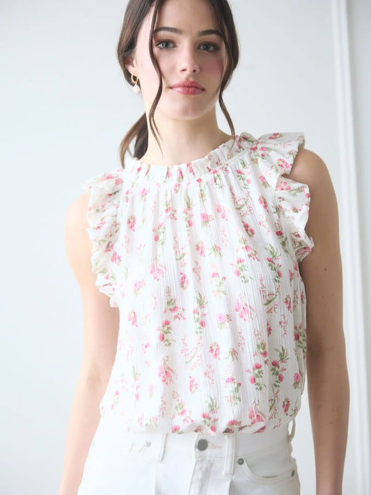 Floral Ruffle Detail Sleeveless Top, Feathered Farmhouse