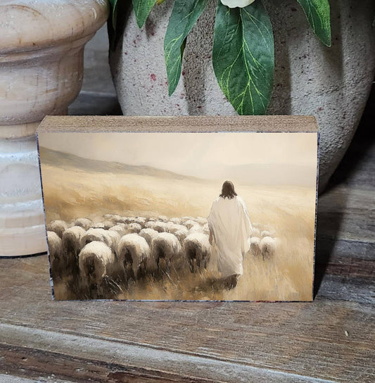 Jesus Sheep Printed Block, Feathered Farmhouse