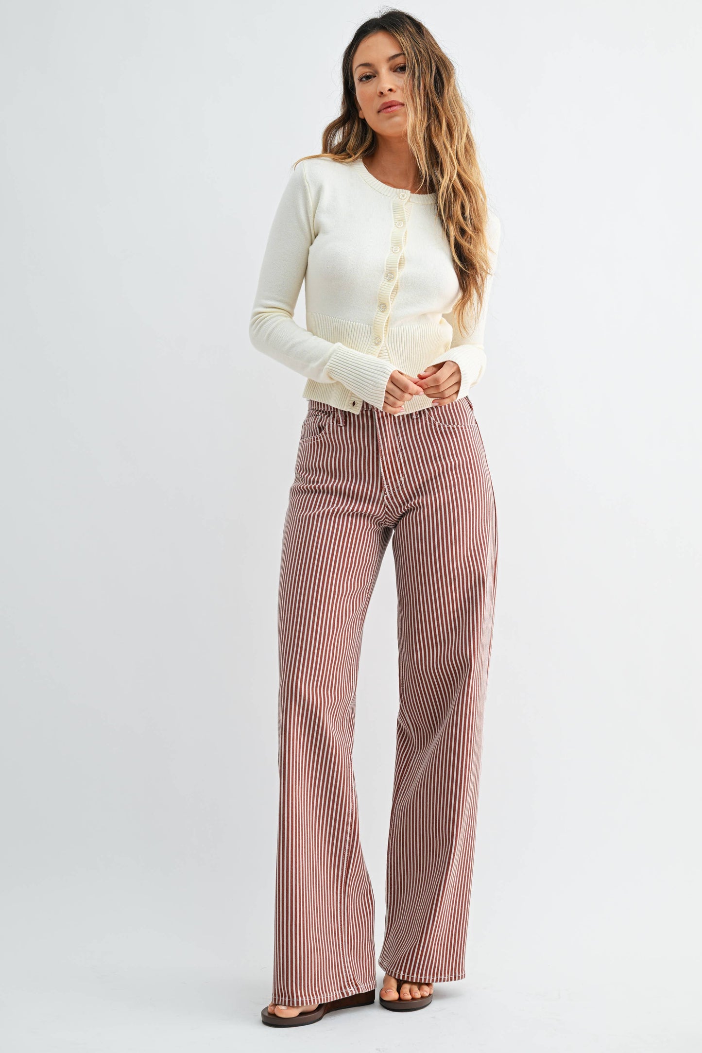 Relaxed Wide Leg Spice Brown Stripe, Feathered Farmhouse