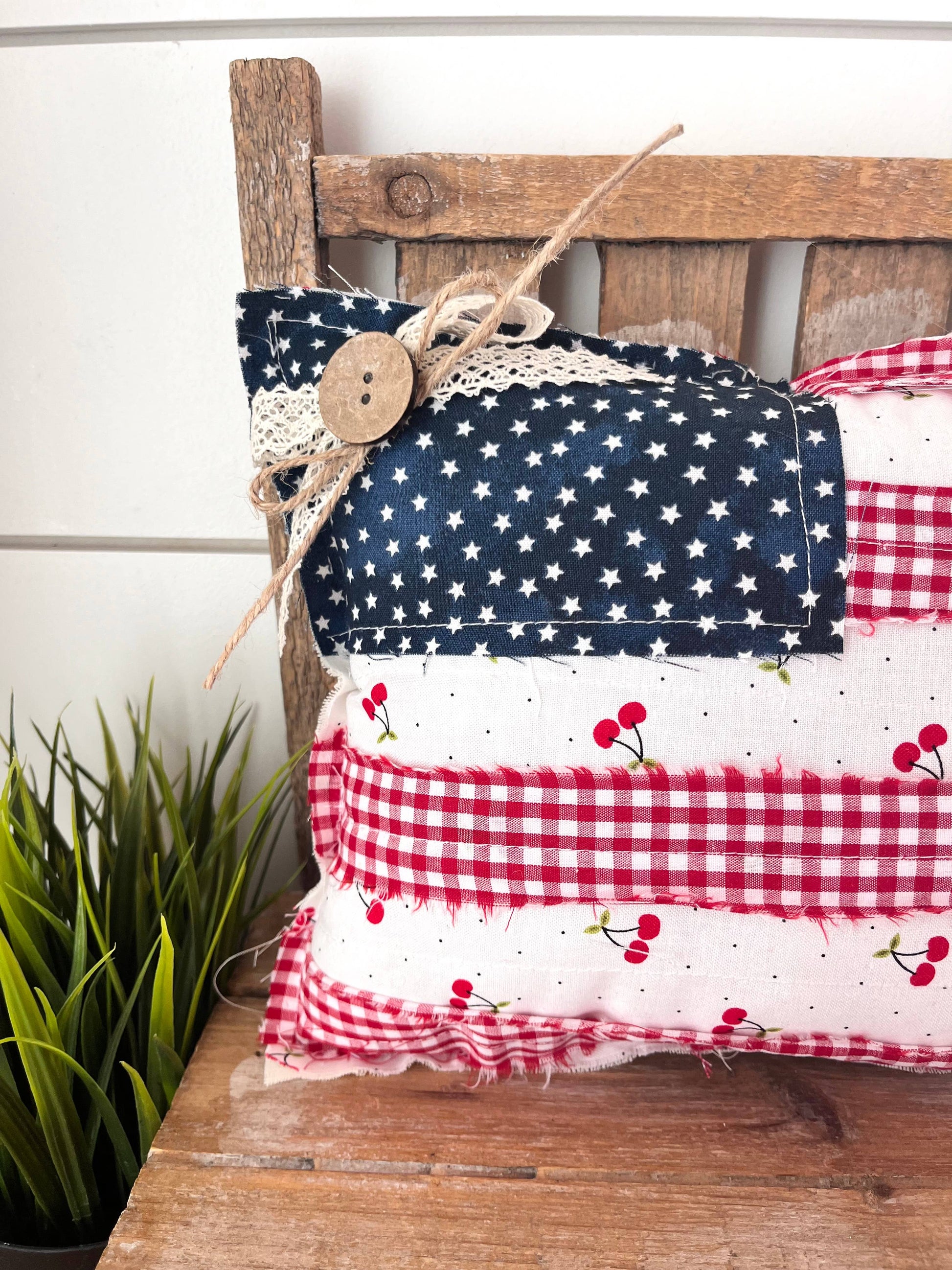 Cherries American Flag Primitive Pillow, Feathered Farmhouse
