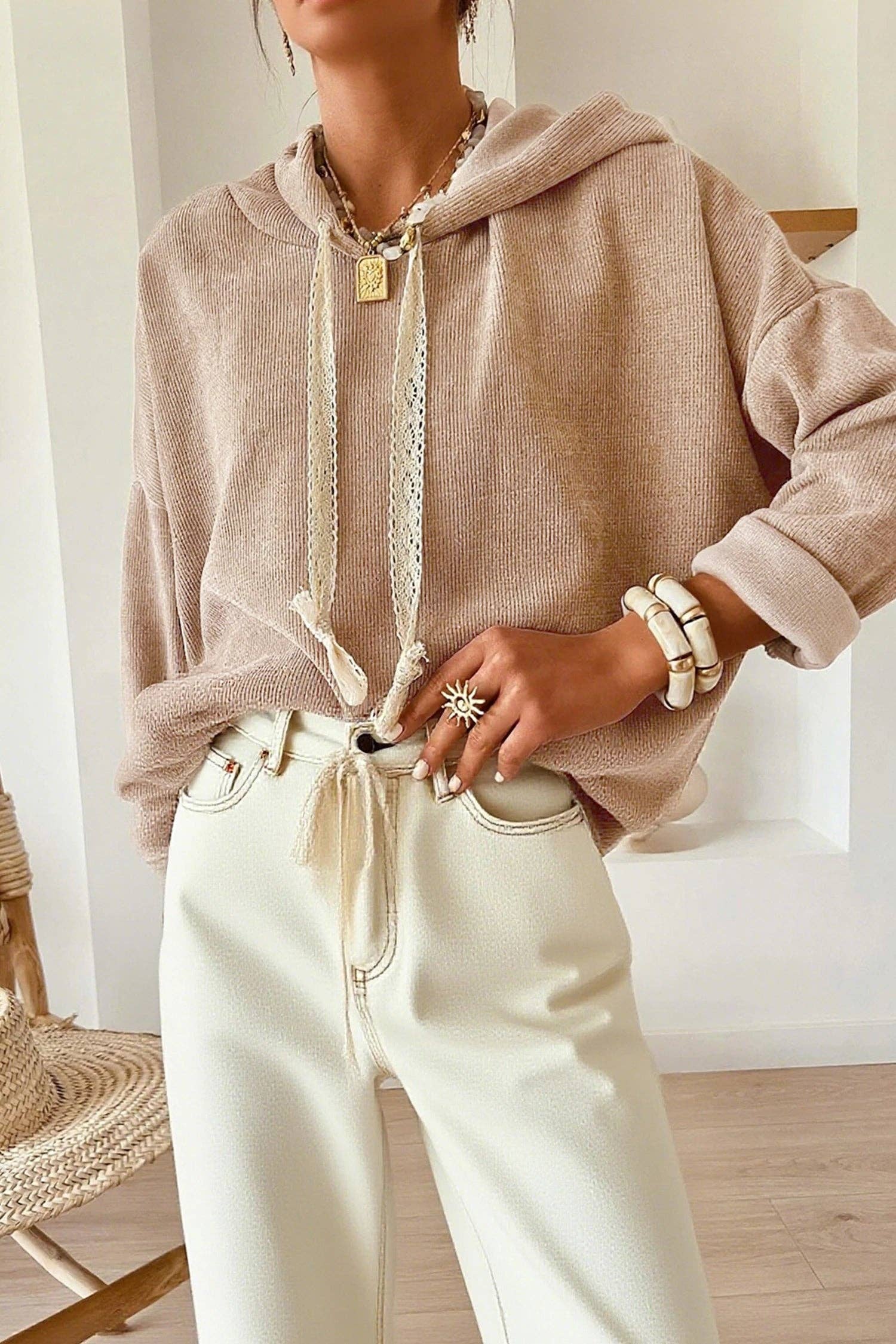 Thermal Textured Lace Drawstring Hoodie, Feathred Farmhouse