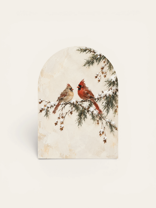 Two Cardinals on Snowy Branch Arch, Feathered Farmhouse