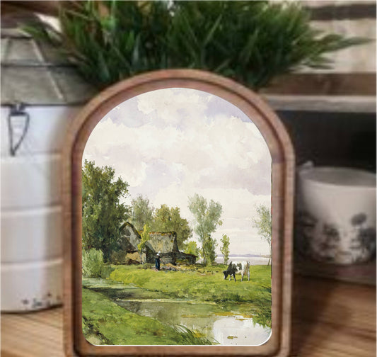 Creekside Farmhouse Framed Art Arch Top, Feathered Farmhouse