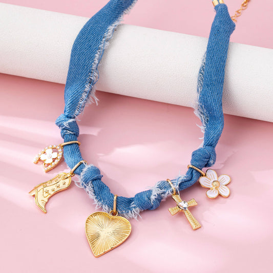 Western Denim Cowboy Boot & Cross Charm Necklace, Feathered Farmhouse