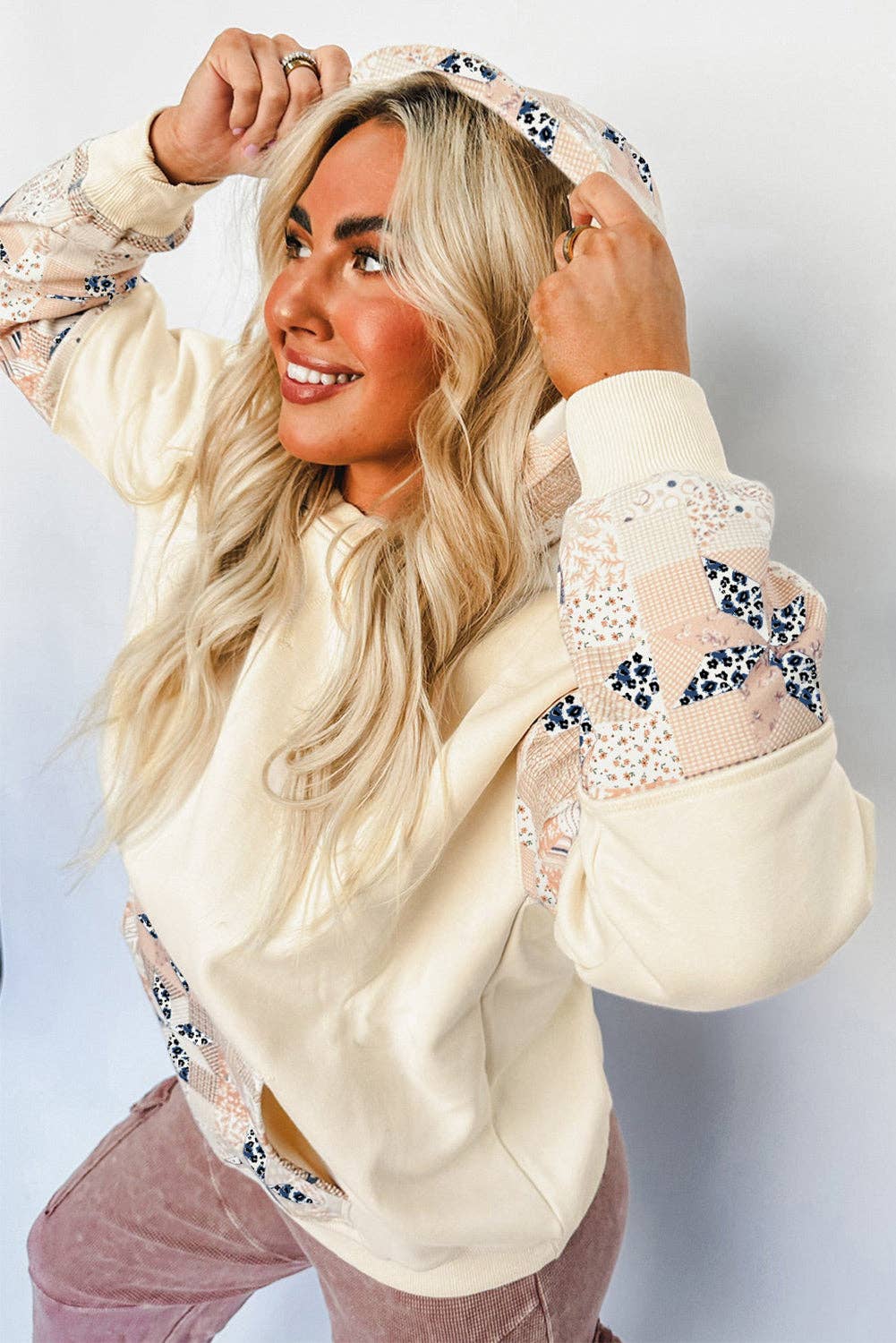 Beige Western Geo Pattern Patchwork Hoodie with Kangaroo Pocket, Feathered Farmhouse