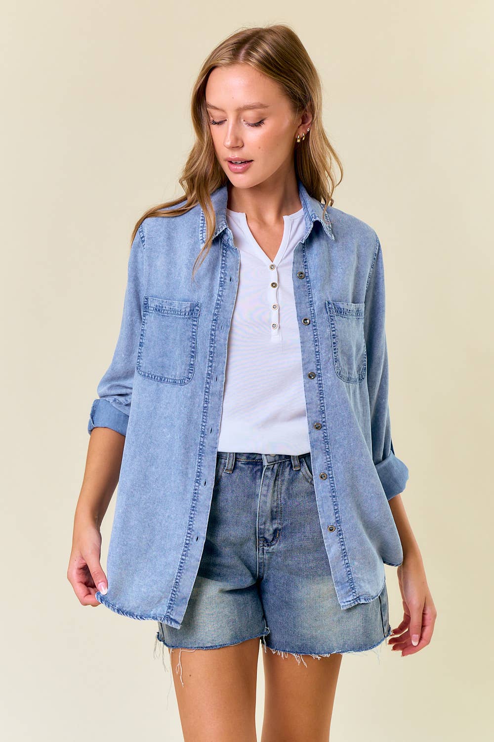 Light Wash Chambray Shirt, Feathered Farmhouse