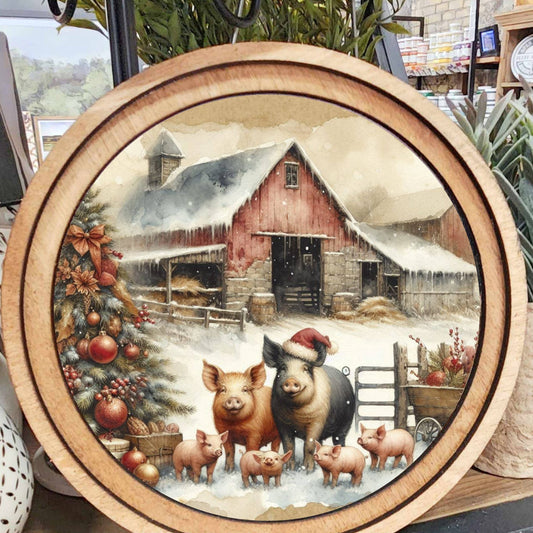 Round Christmas Pigs Art, Feathered Farmhouse