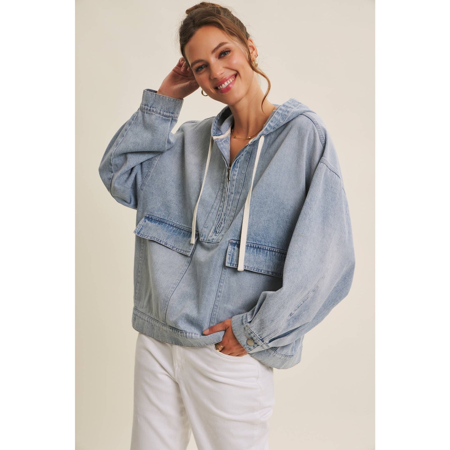 Mineral-Washed Denim Hooded Pullover, Feathered Farmhouse