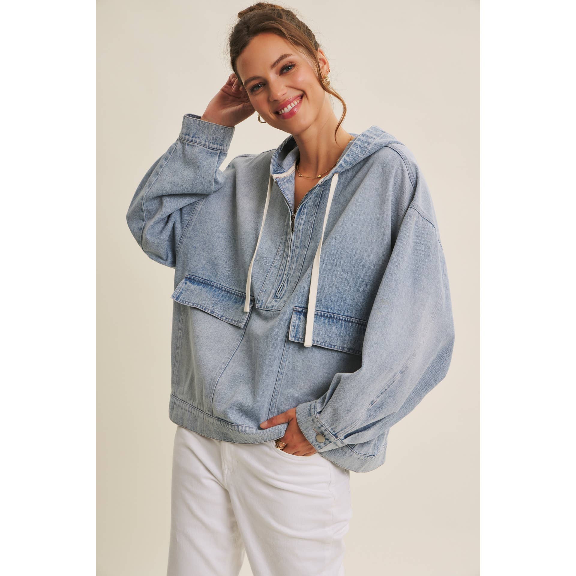 Mineral-Washed Denim Hooded Pullover, Feathered Farmhouse