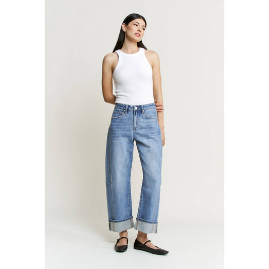 High Rise Barrel-Leg Cuffed Jeans, Feathered Farmhouse