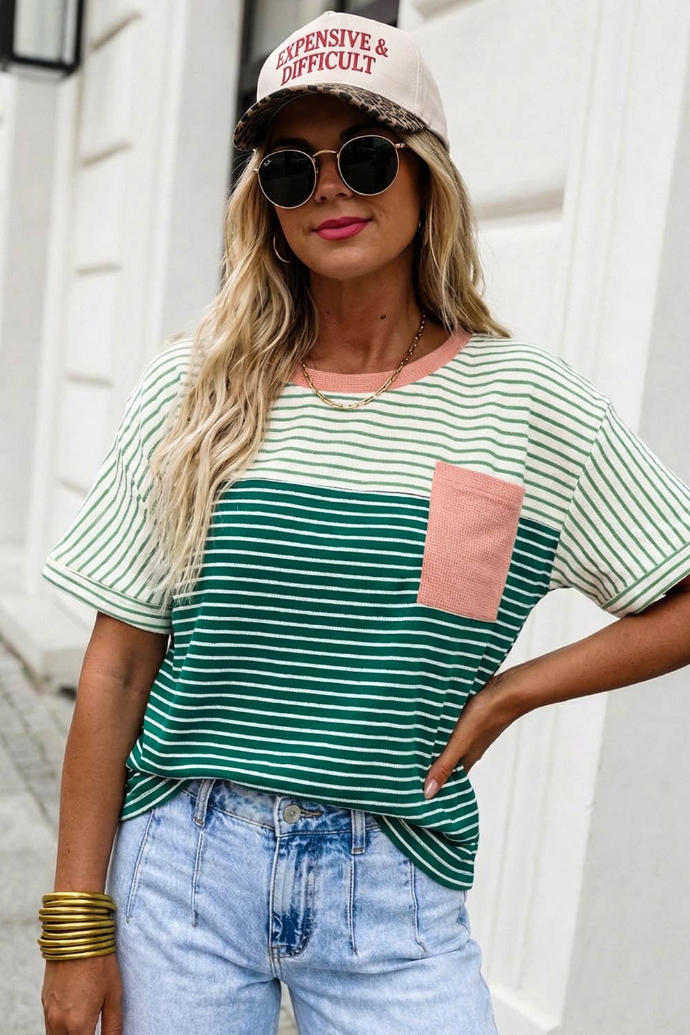 Striped Print Color Block Detail Relaxed Tee, Feathered Farmhouse
