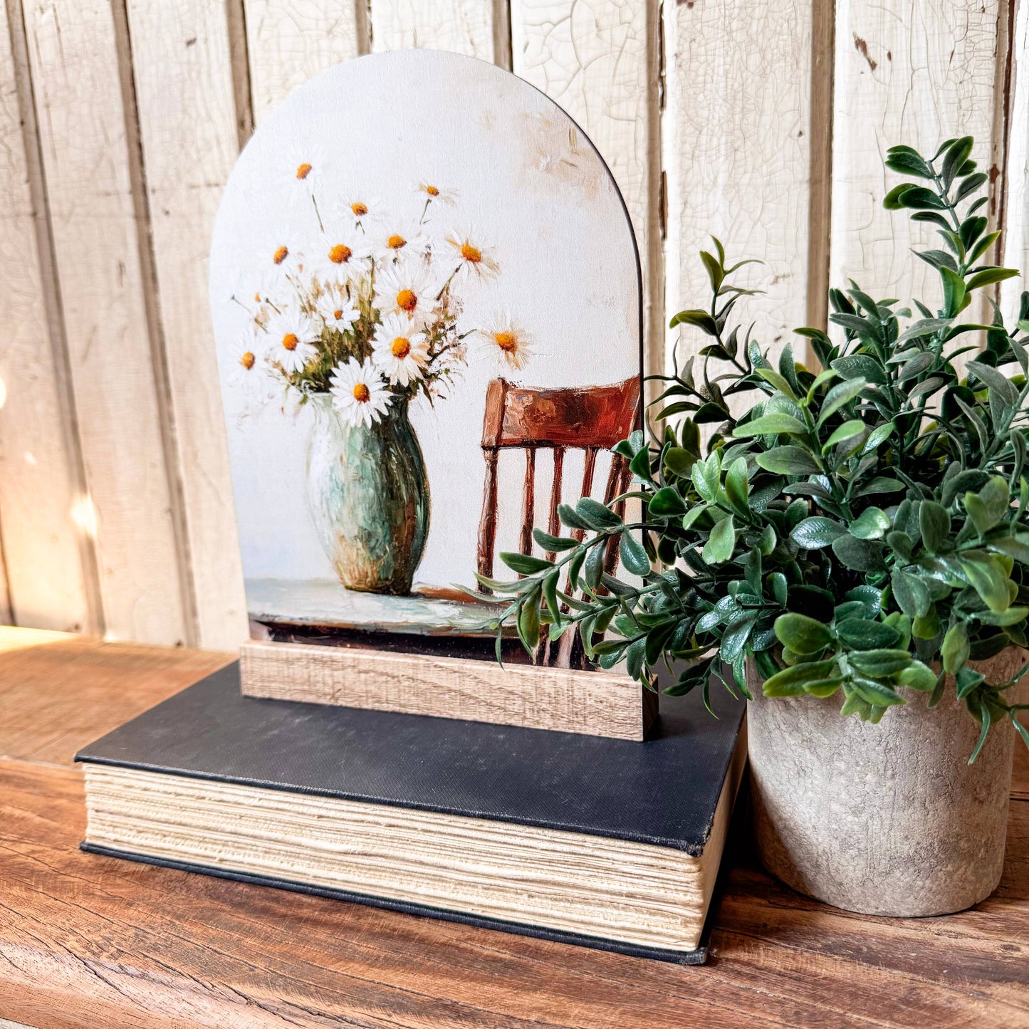 White Daisies in Vase Arched Wood Sign Shelf Sitter, Feathered Farmhouse