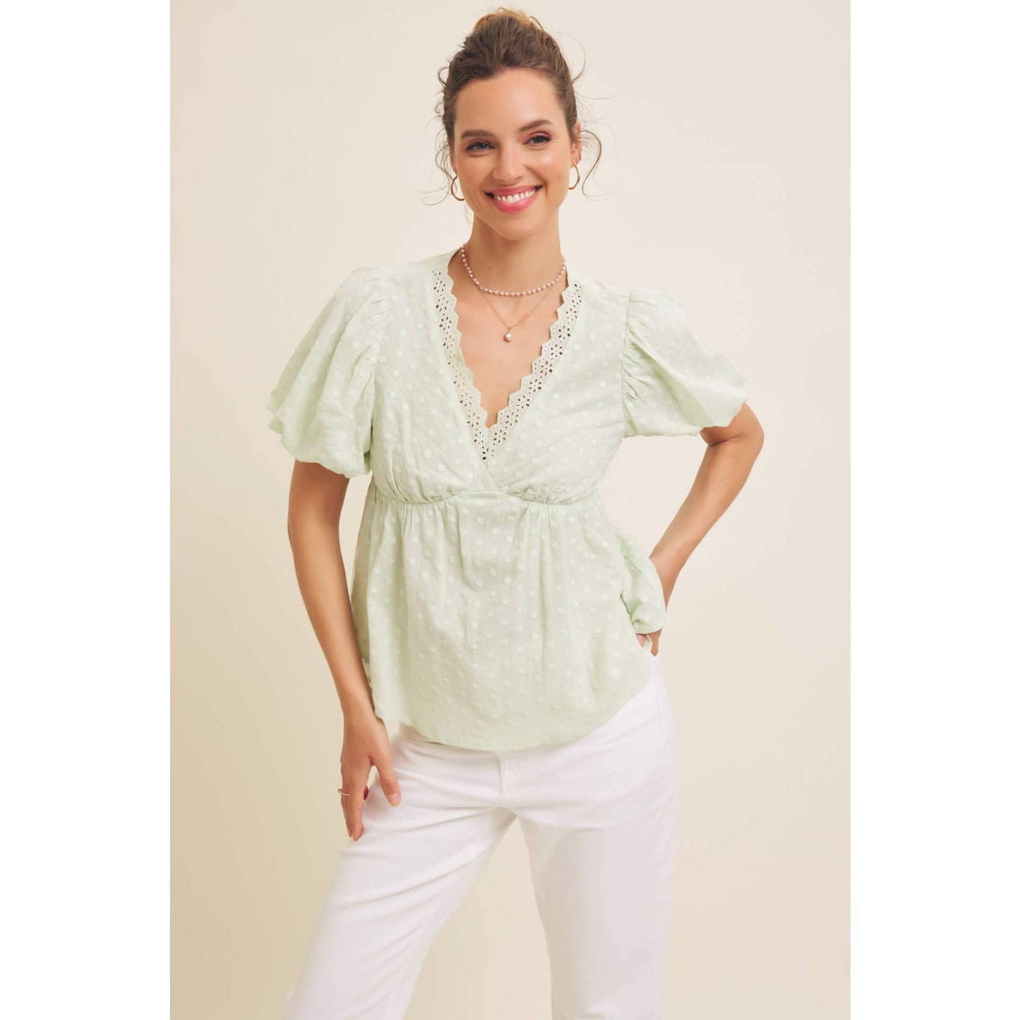Scallop Trim V-Neck Eyelet Blouse