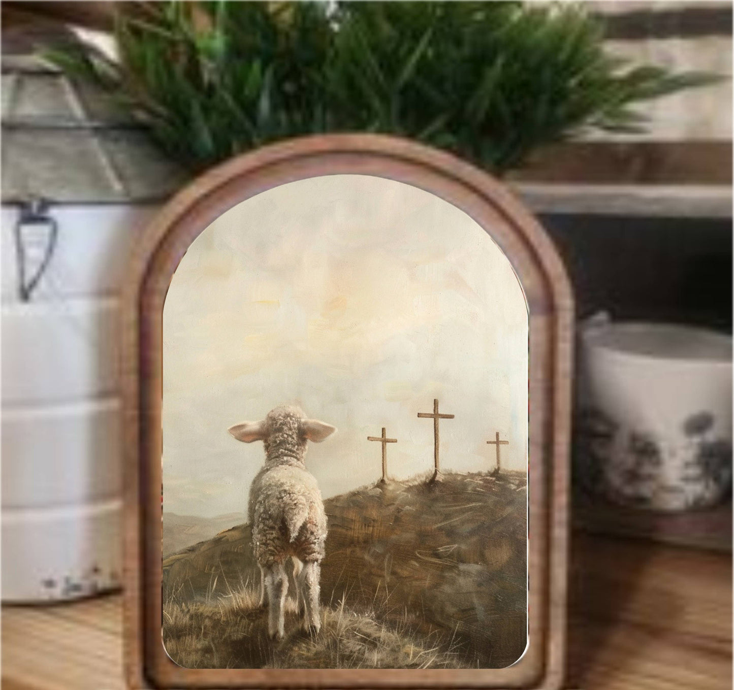 Three Crosses Lamb Framed Arch, Feathered Farmhouse