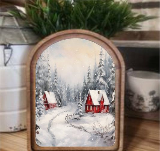 Snowy Red Cabins Framed Art Arch Top, Feathered Farmhouse