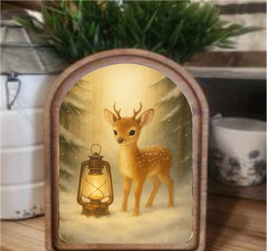 Deer Lantern Framed Art Arch Top, Feathered Farmhouse