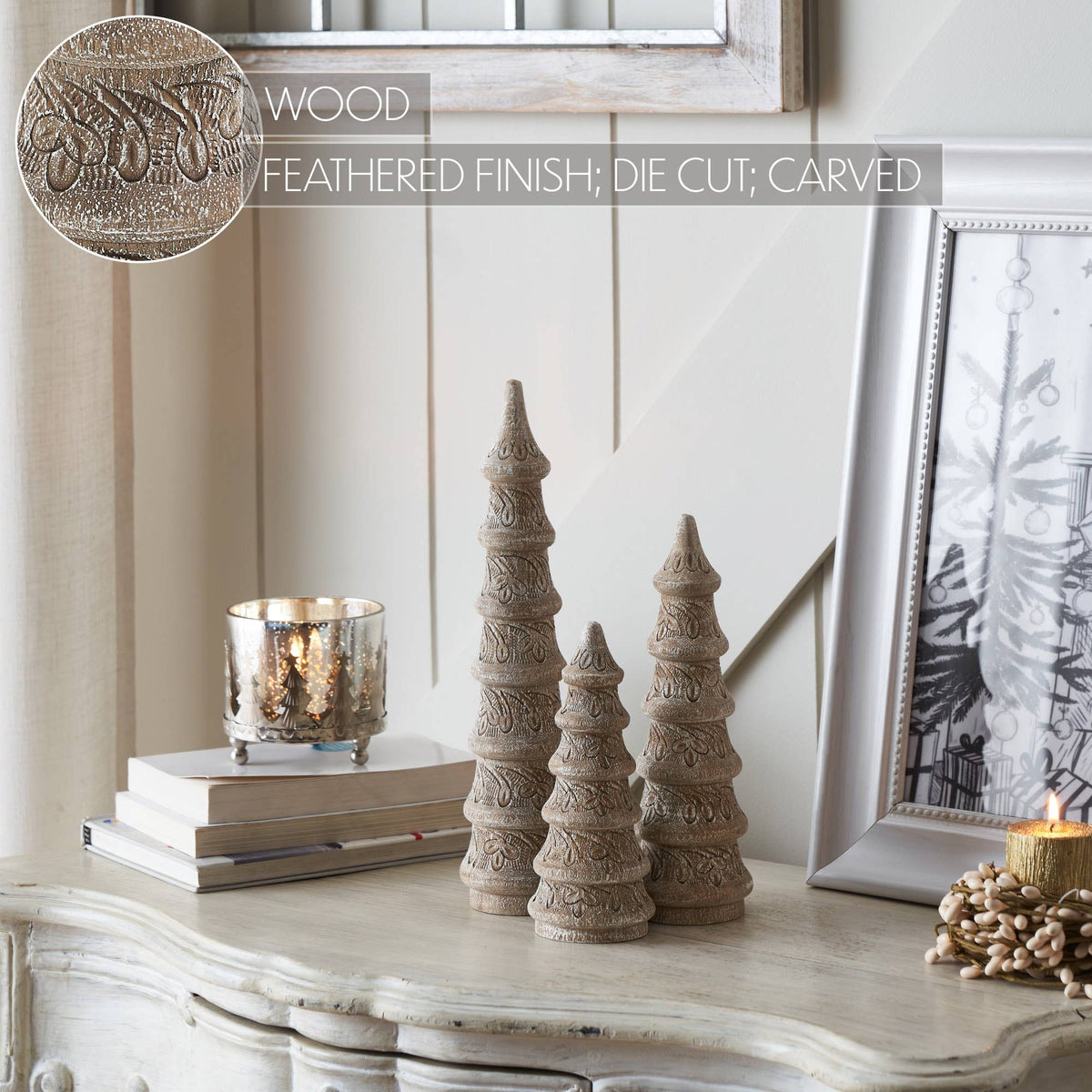 Carved Conical Wooden Christmas Tree, Feathered Farmhouse