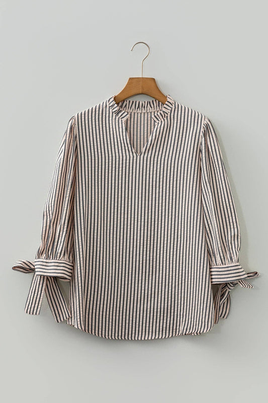 Stripe Tied Cuff 3/4 Sleeve V-Neck Blouse, Feathered Farmhouse