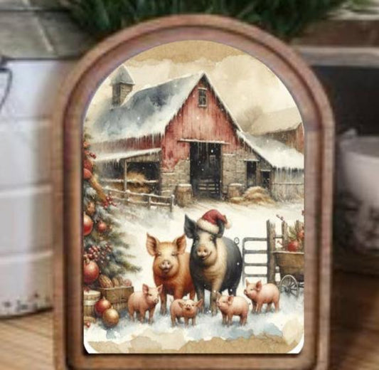 Arch Top Christmas Pigs Framed Art, Feathered Farmhouse