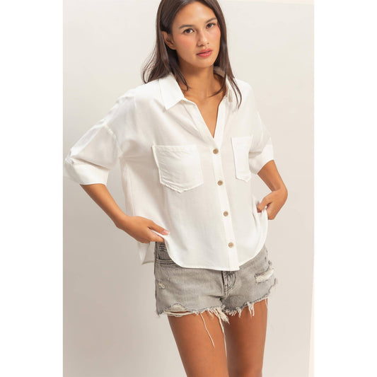 Button-Up Collared Short Sleeve Shirt, Feathered Farmhouse