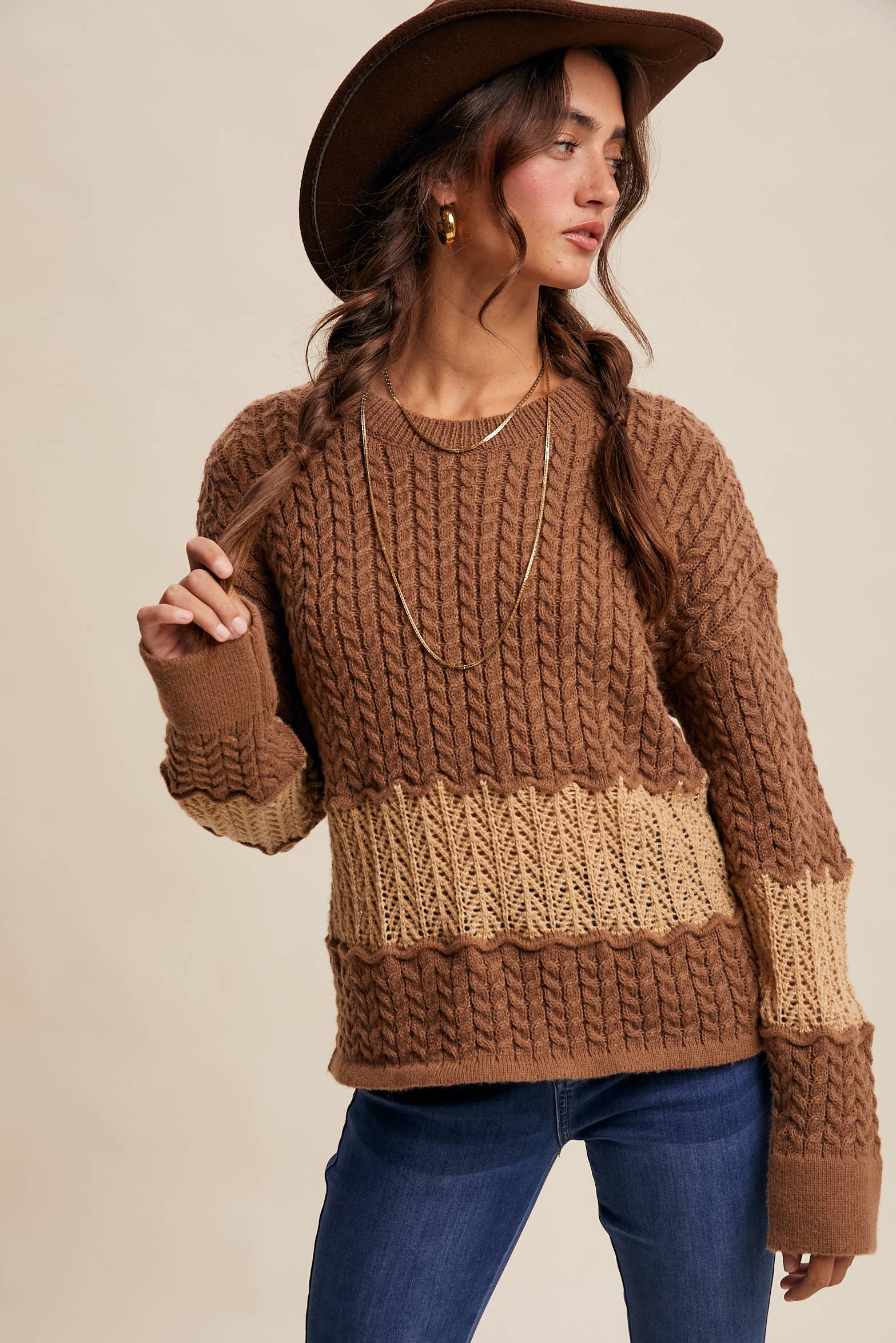 Colorblock Cable Knit Sweater, Feathered Farmhouse