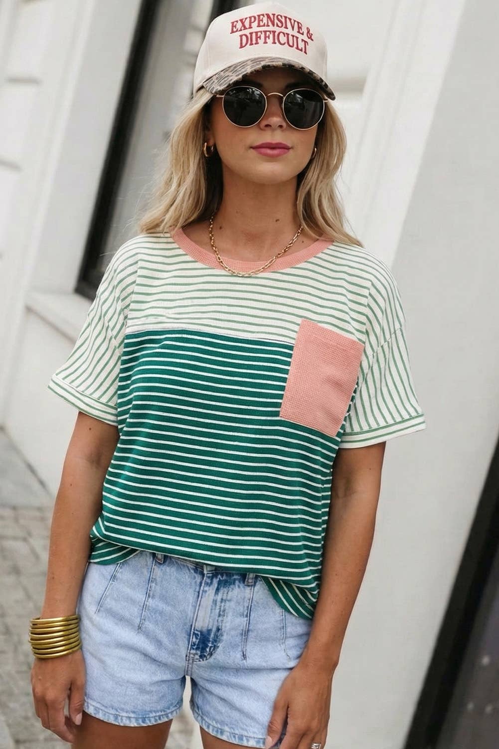 Striped Print Color Block Detail Relaxed Tee, Feathered Farmhouse