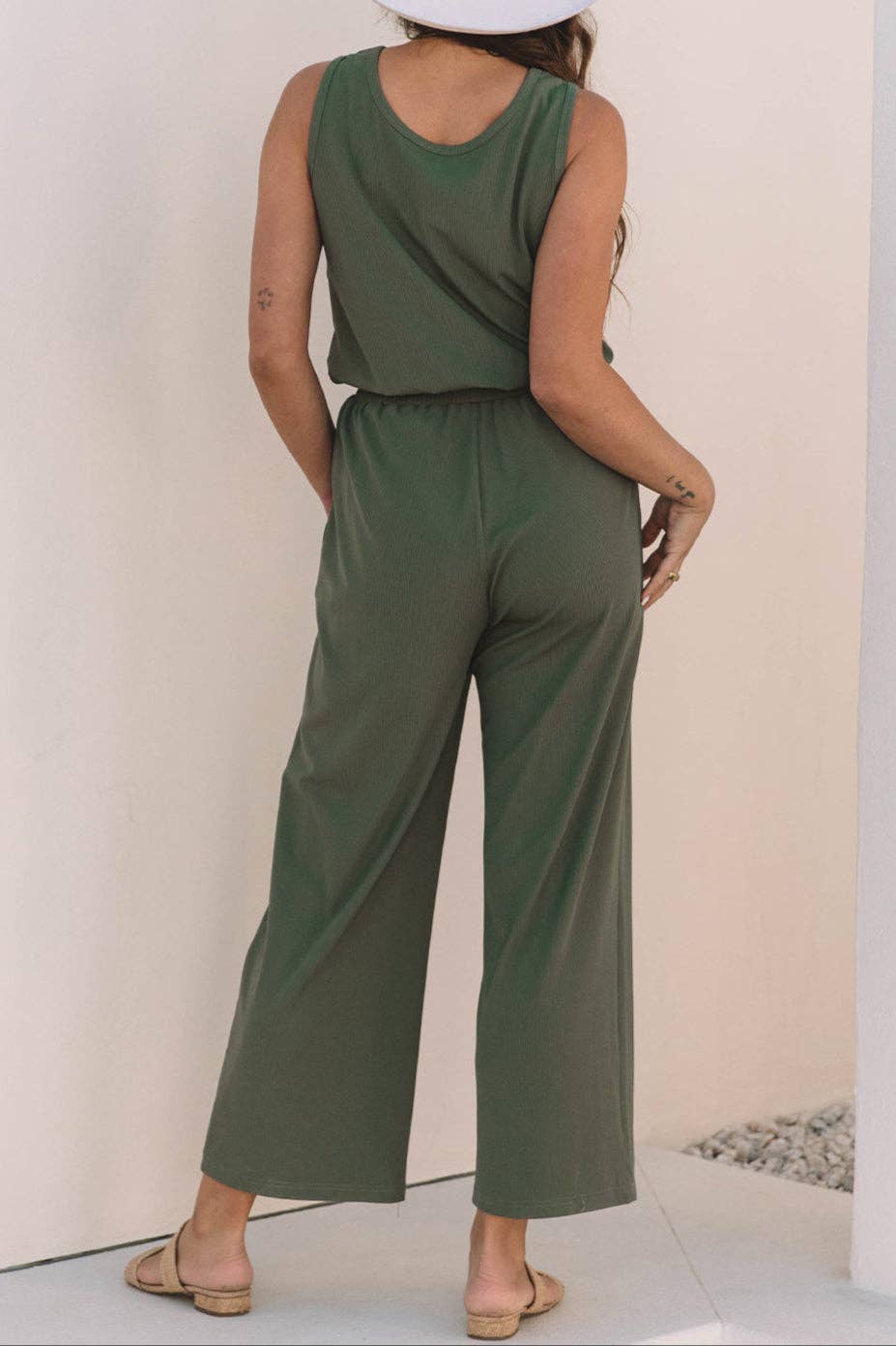 Sleeveless Wide Leg Buttoned Jumpsuit, Feathered Farmhouse