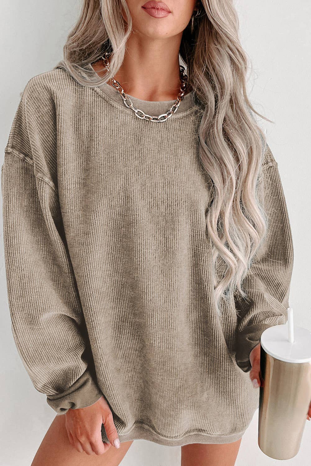 Ribbed Knit Pullover Sweatshirt, Feathered Farmhouse