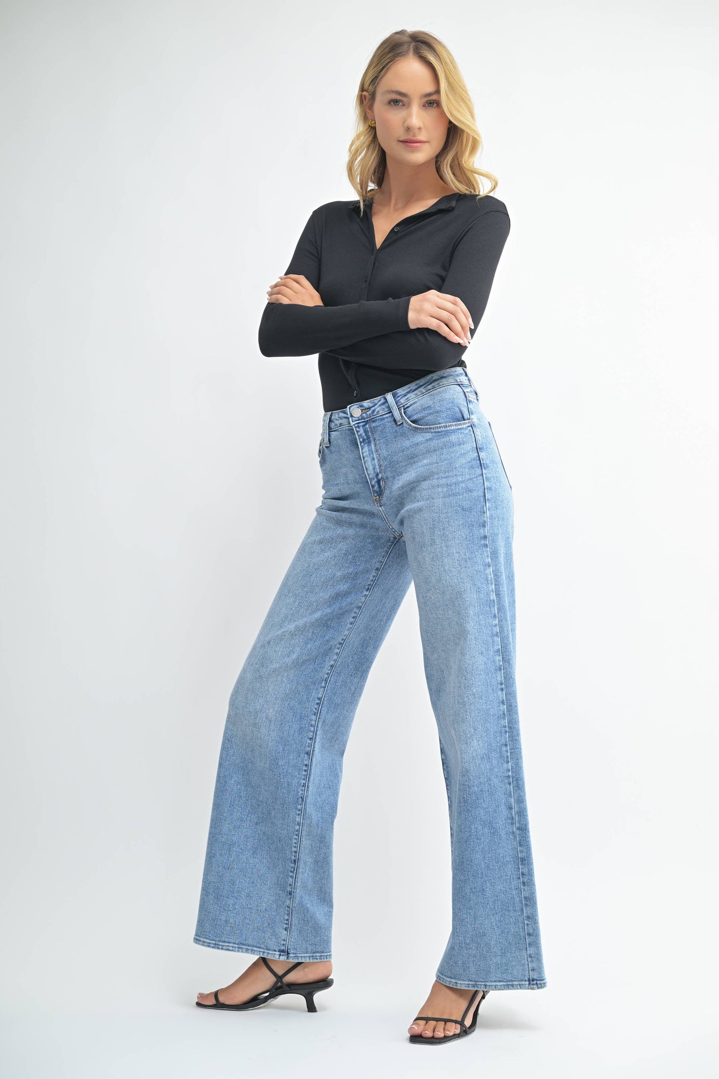 Stretchy Wide Leg Jeans, Feathered Farmhouse