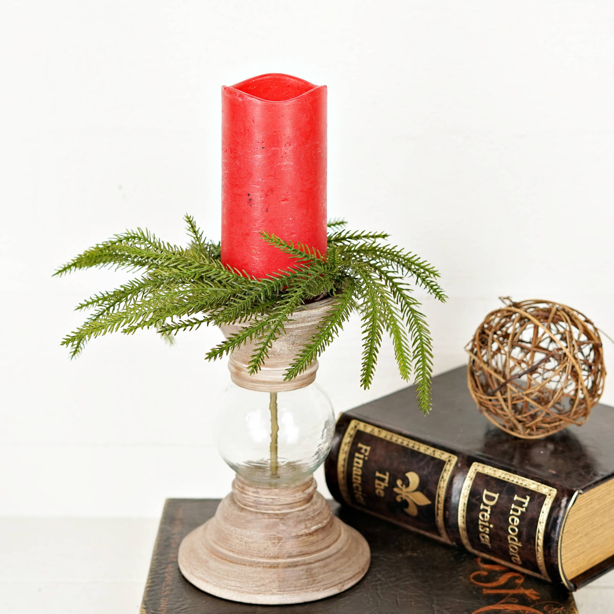 Wispy Mix Green Norfolk Pine Candle Ring, Feathered Farmhouse