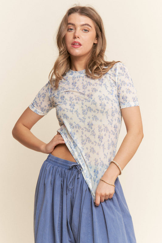 Blue Floral Mesh Top, Feathered Farmhouse