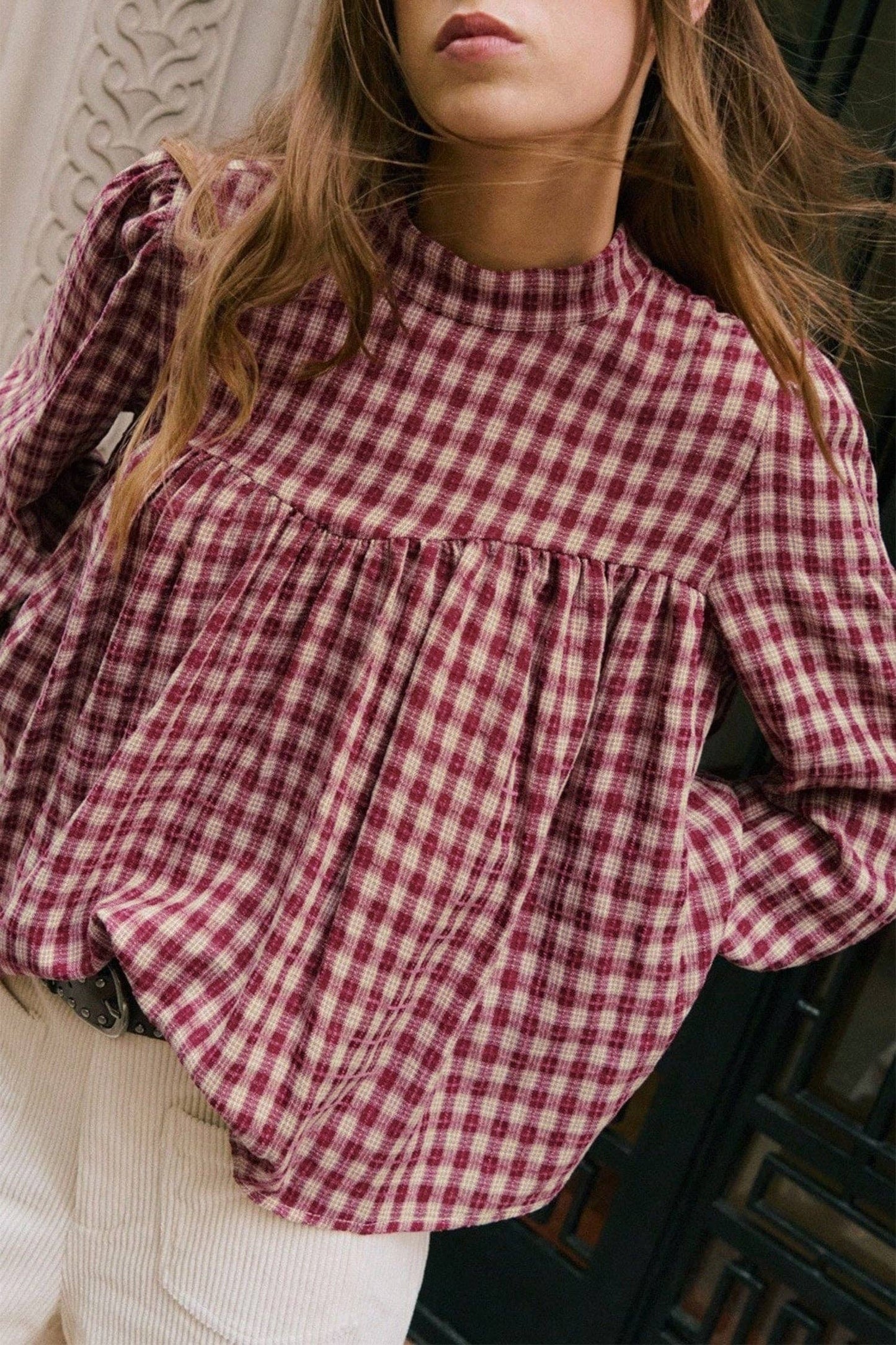 Plaid Long Sleeve Pleated Blouse, Feathered Farmhouse