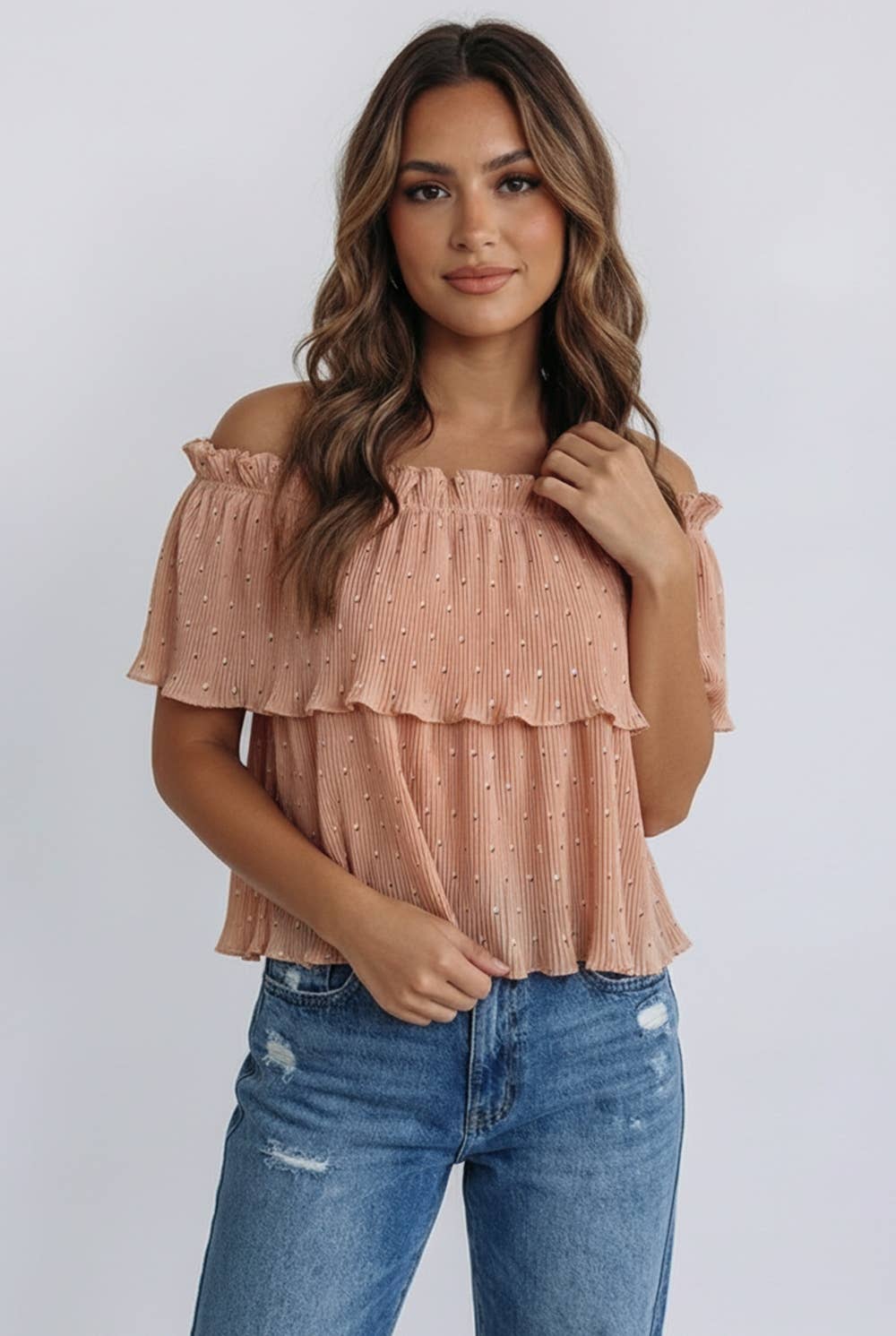 Accordion Pleat Frill Neck Top, Feathered Farmhouse