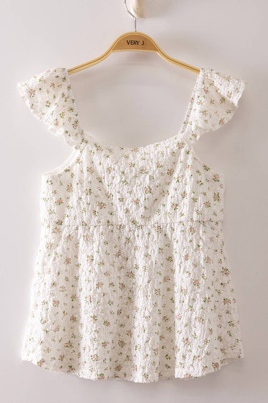 Romantic Floral Ruffle Sleeve Babydoll Top, Feathered Farmhouse