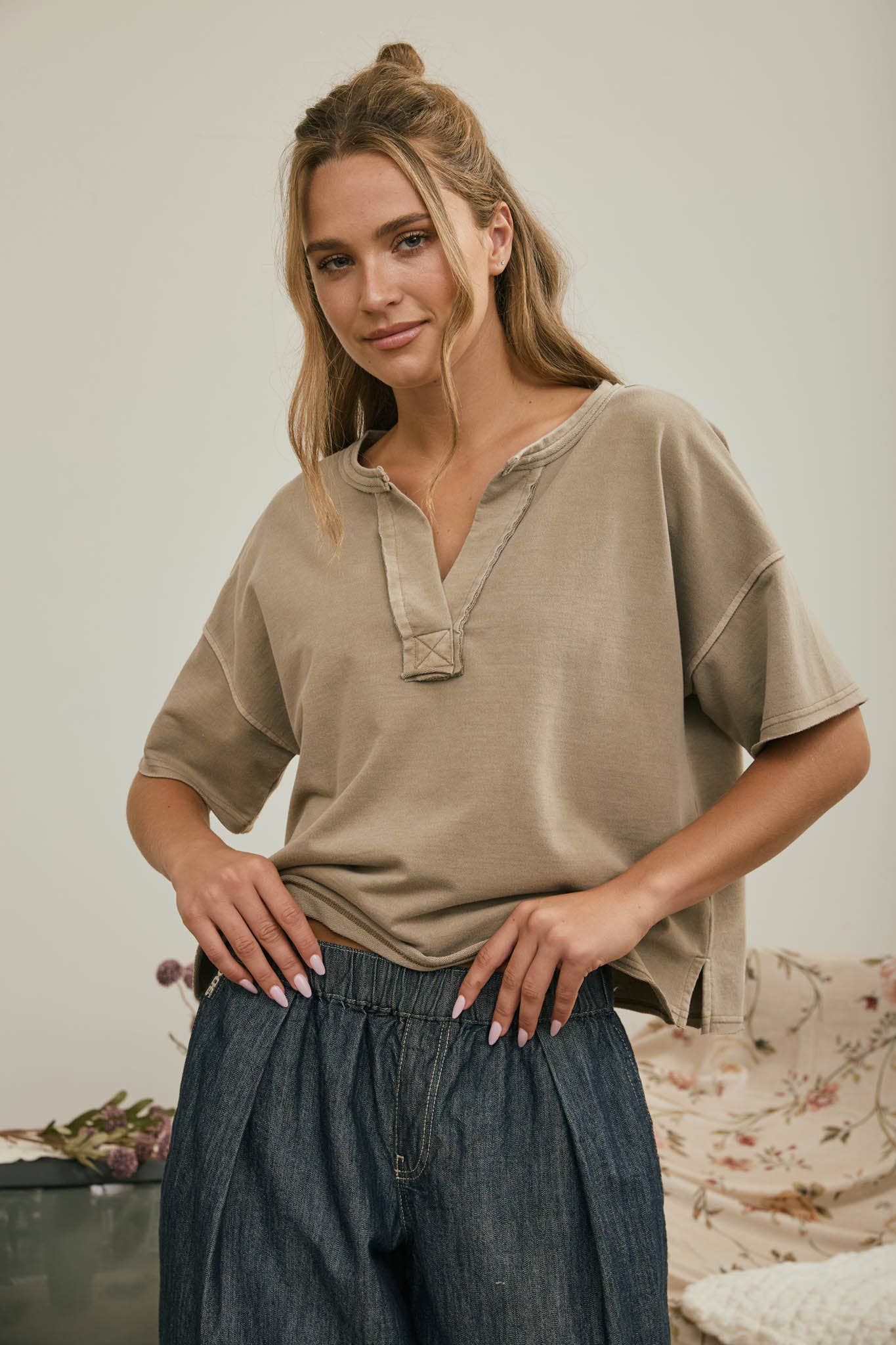 Washed Split Neck Raw Edge Short Sleeve Knit Top, Feathered Farmhouse