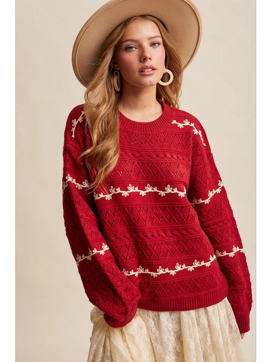 Embroidered Pointelle Knit Sweater