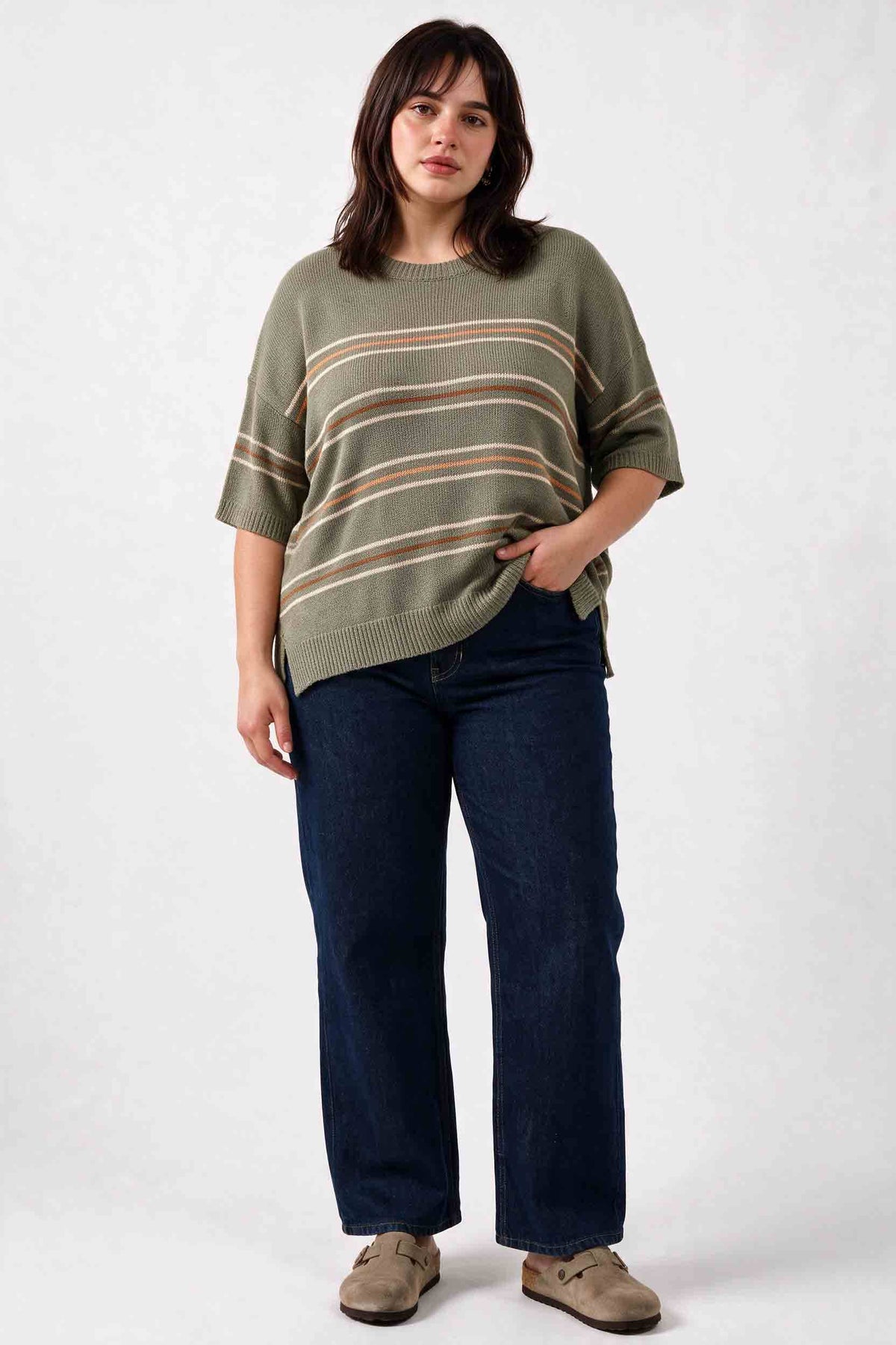Over Sized Drop Shoulder Striped Sweater, Feathered Farmhouse