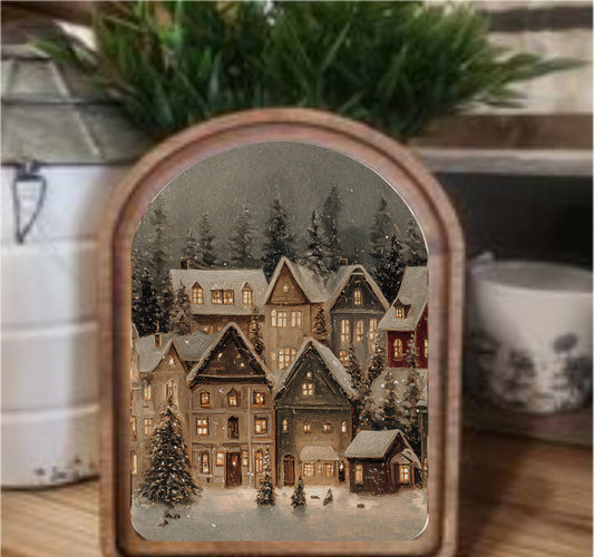 Snowy Christmas Village Framed Arch Top, Feathered Farmhouse